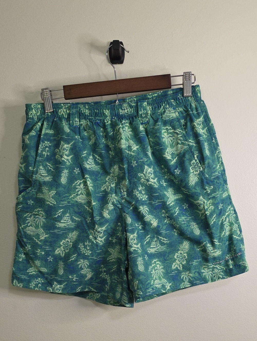 Columbia Teal and Mint Hawaiian Print Swim Trunks